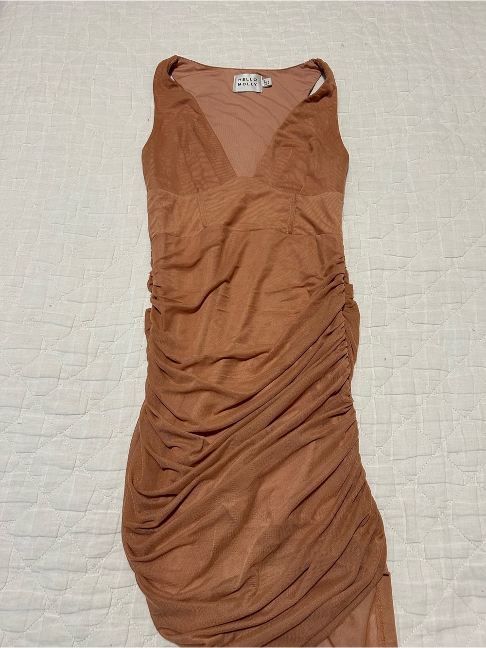 Hello Molly Nude Ruched V-Neck Midi Dress